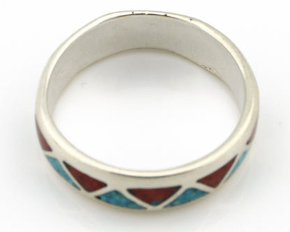 Navajo Chip Inlay Ring 925 Silver Sleeping Beauty Turquoise & Coral Silver Cloud