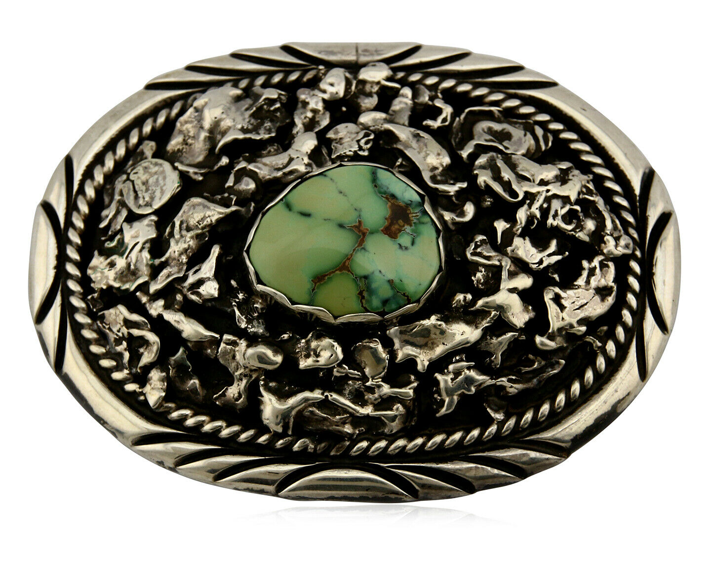 Navajo Belt Buckle .925 Silver Variscite Native Artist Signed C Montoya C.80's