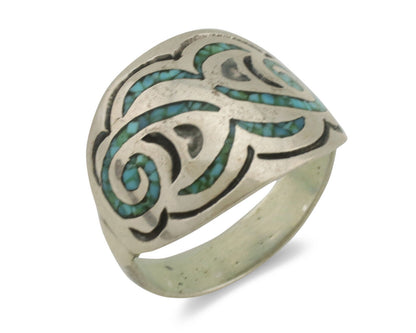 Navajo Ring 925 Silver Chip Inlay Turquoise Artist Signed Thomas Singer C.80's