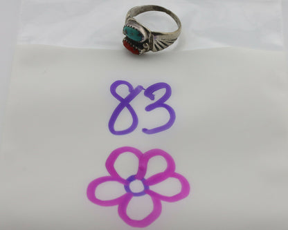 Zuni Ring .925 Silver Natural Turquoise & Coral Native American Artist C.1980's