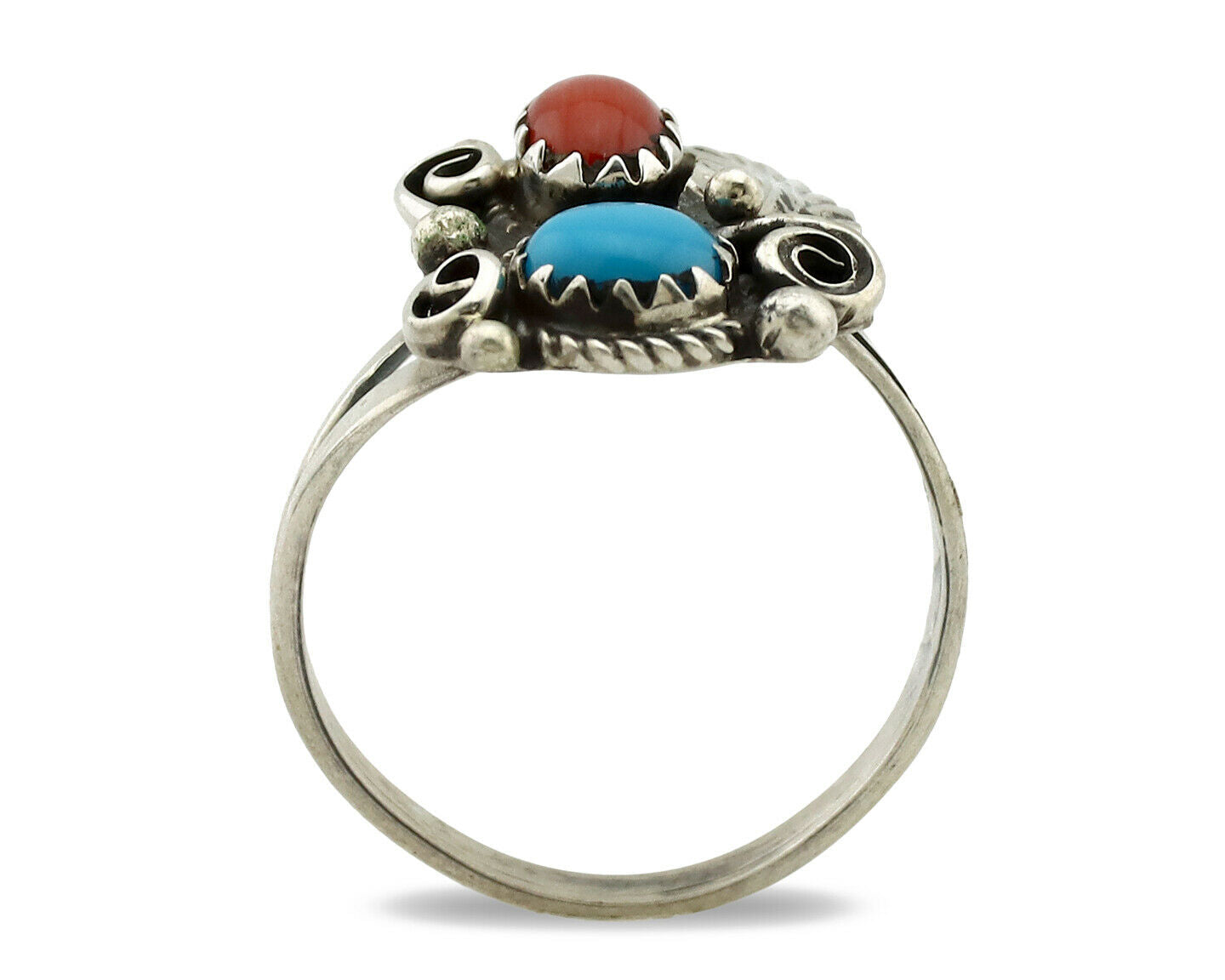 Navajo Ring .925 Silver Morenci Turquoise & Coral Native Artist Signed JM C.80's