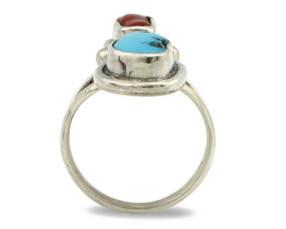 Navajo Ring .925 Silver Red Coral & Blue Turquoise Native Artist C.80's