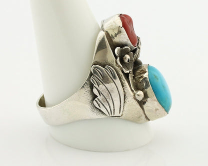 Navajo Ring 925 Silver Blue Turquiose & Mediterranean Coral Native Artist C.80's