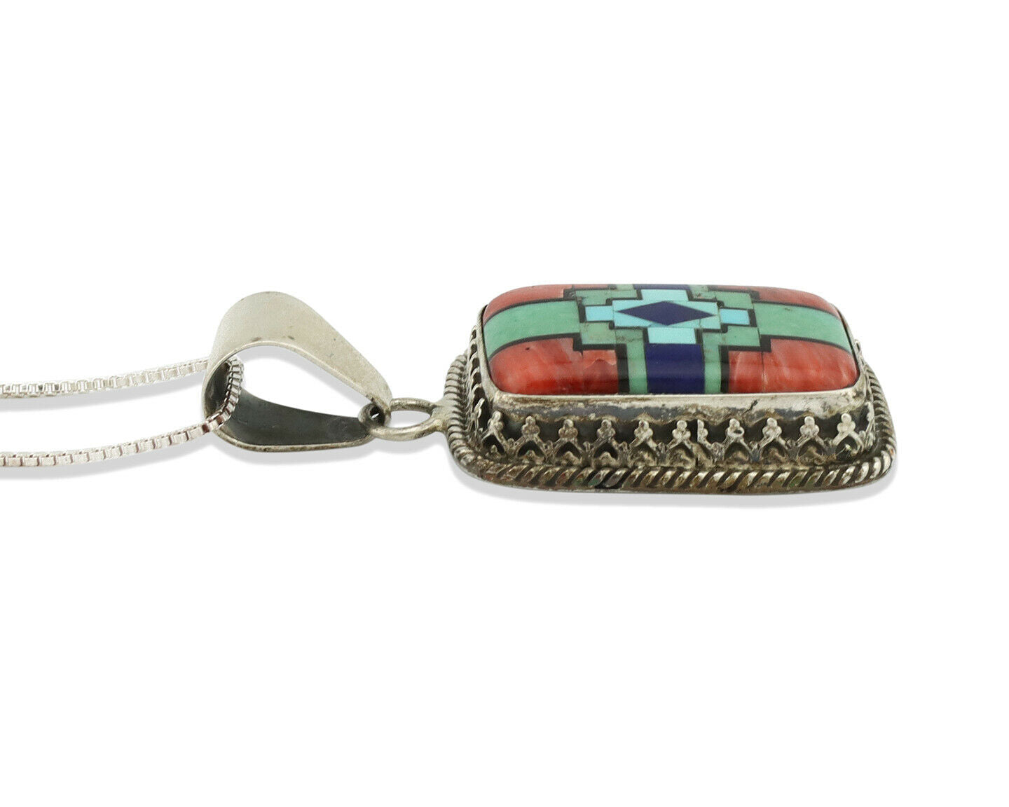 Navajo Handmade Inlaid Gemstone Pendant .925 Silver Signed SN C.80's