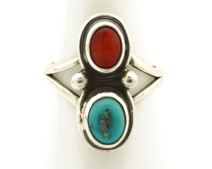 Navajo Handmade Ring 925 Silver Coral & Turquoise Native American Artist C.80's