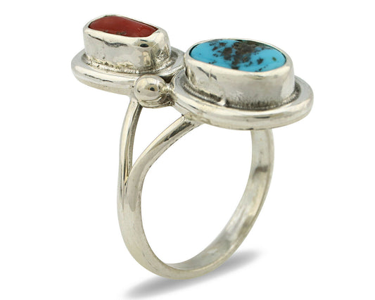 Navajo Ring .925 Silver Blue Turquoise & Red Coral Native American Artist C.80's