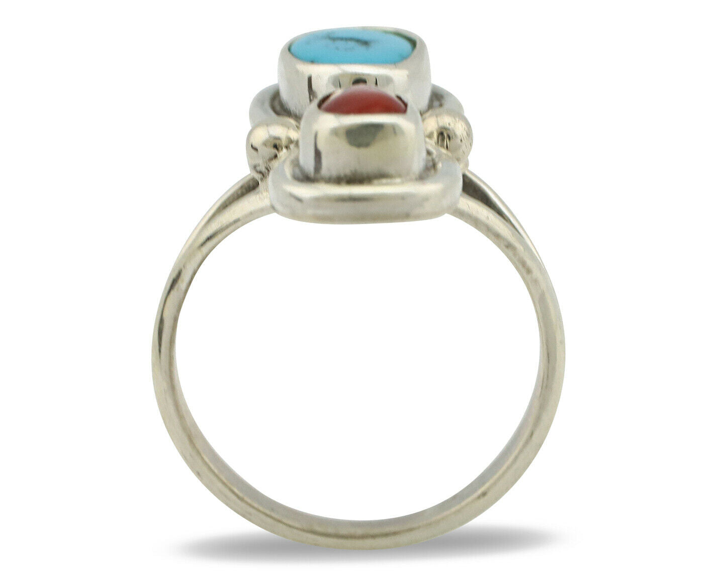 Navajo Ring .925 Silver Blue Turquoise & Red Coral Native American Artist C.80's