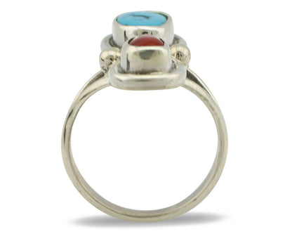 Navajo Ring .925 Silver Blue Turquoise & Red Coral Native American Artist C.80's