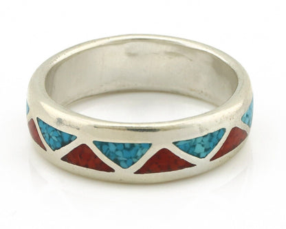 Navajo Ring 925 Silver Natural Turquoise & Coral Native American Artist C.80's
