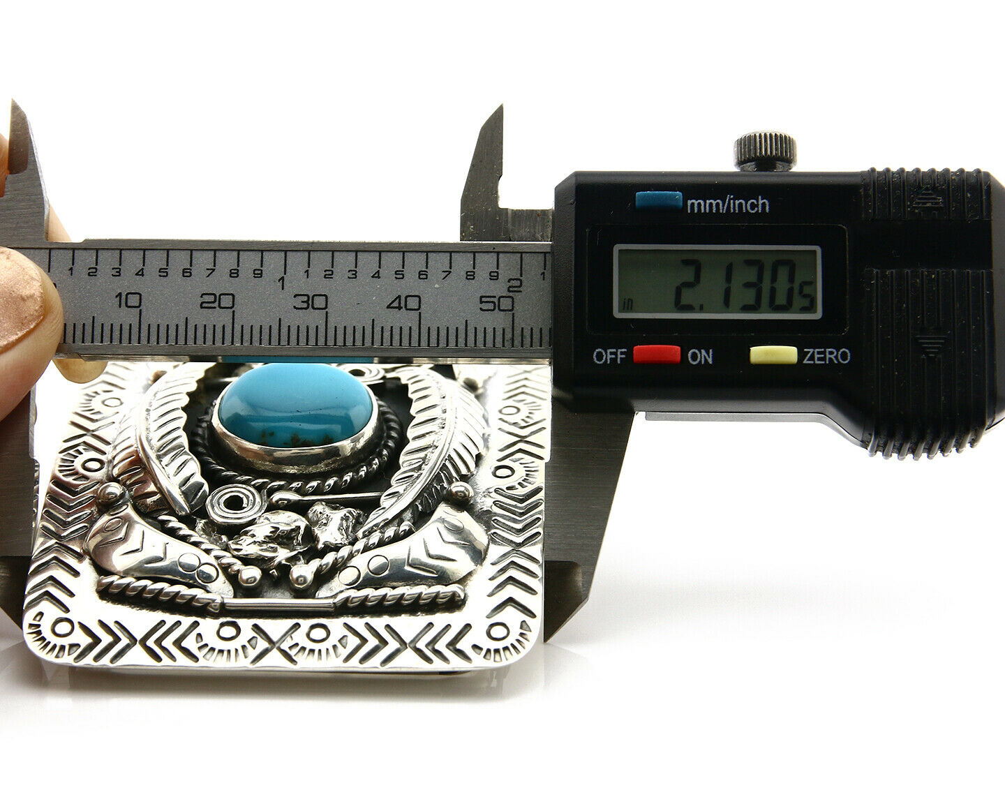 Navajo Belt Buckle .925 Silver Turquoise Mountain Artist Signed Tipi C.80's