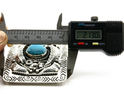 Navajo Belt Buckle .925 Silver Turquoise Mountain Artist Signed Tipi C.80's