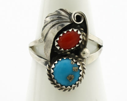 Navajo Ring .925 Silver Turquoise & Coral Artist Signed J Morris C.80's