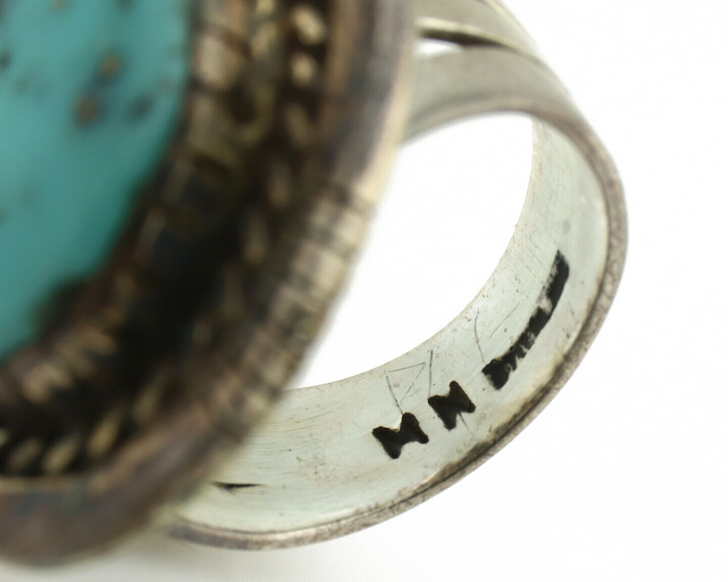 Navajo Ring .925 Silver Morenci Turquoise Artist Signed MN C.1980's