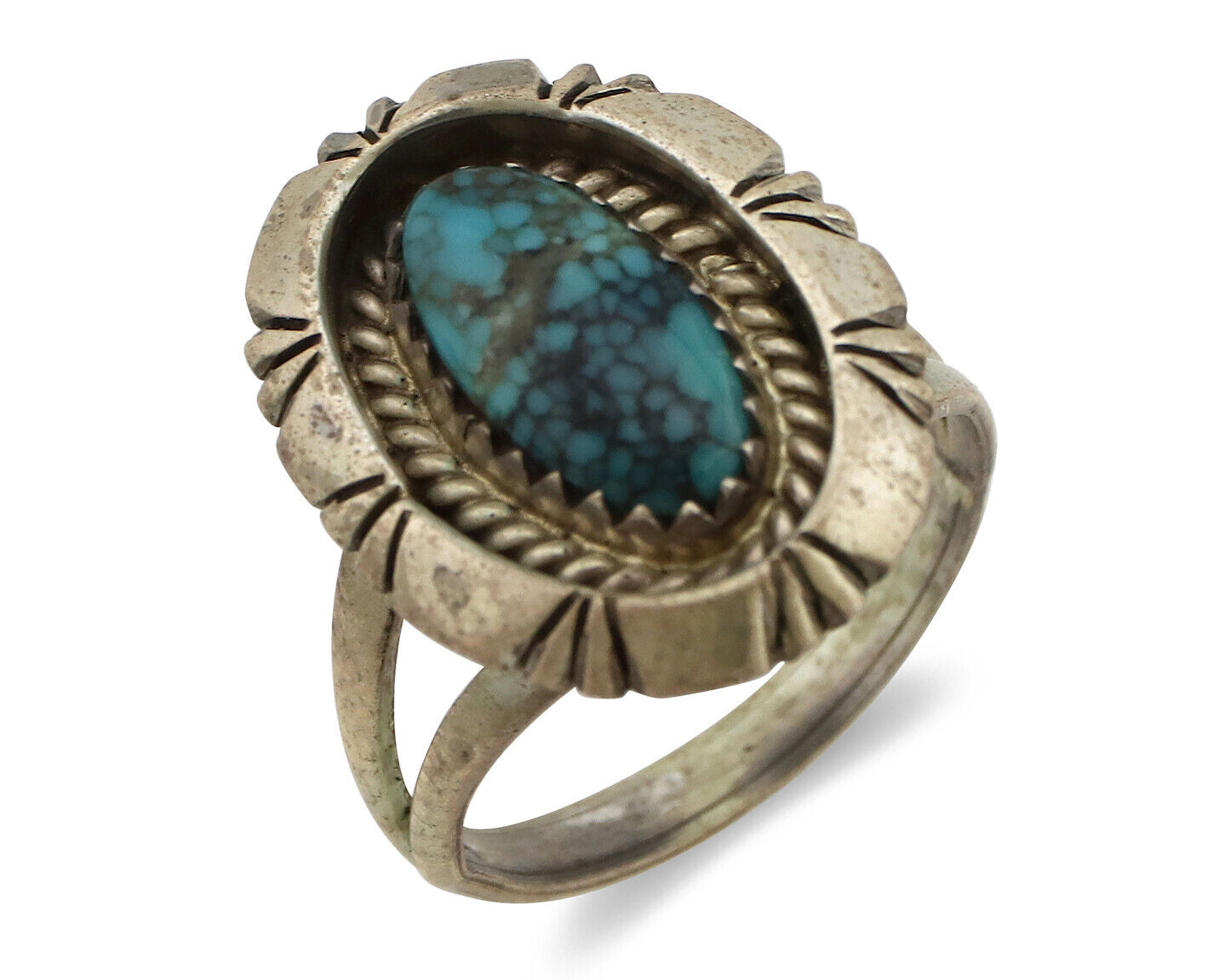 Navajo Ring 925 Silver Natural Black Spiderweb Turquoise Native Artist C.80's