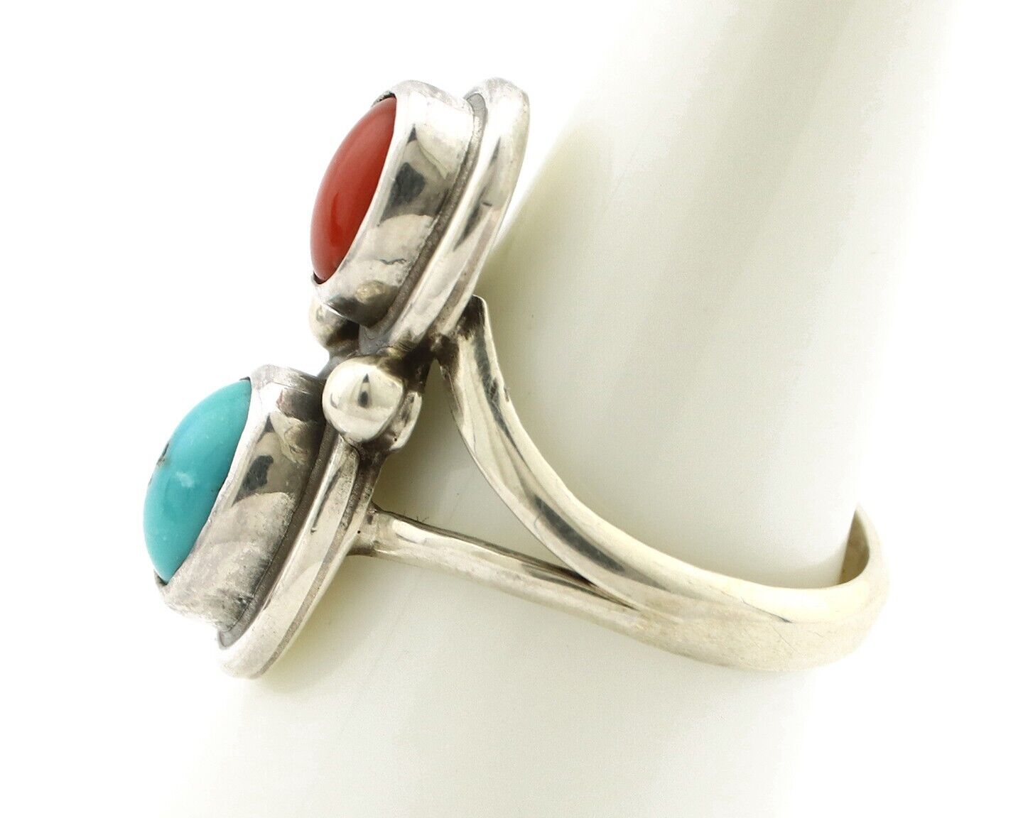 Navajo Handmade Ring 925 Silver Coral & Turquoise Native American Artist C.80's