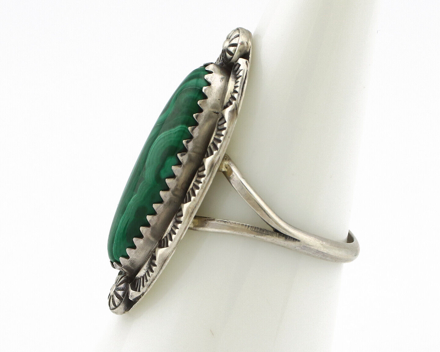 Navajo Ring 925 Silver Natural Malachite Artist Native American Signed H C.80's