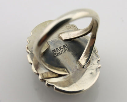 Navajo Ring 925 Silver Hand Stamped Natural Malachite Artist Signed NAKAI C.80's