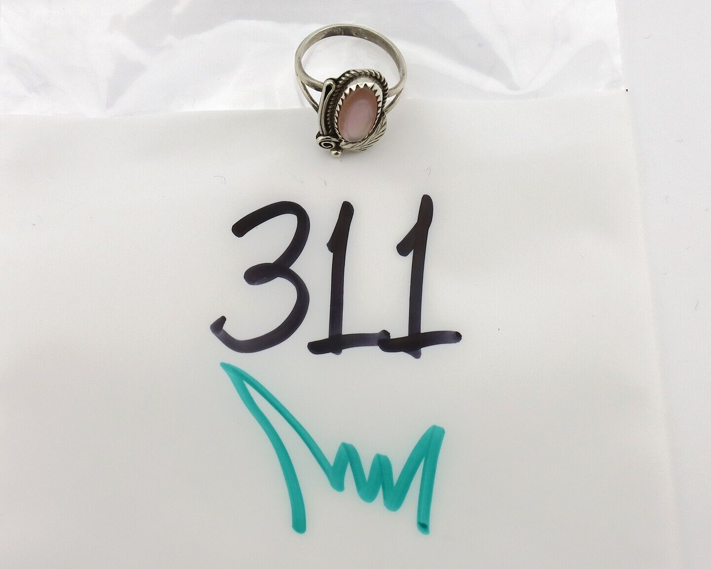 Navajo Ring .925 Silver Natural Pink Mussel Artist Signed Justin Morris C.80's