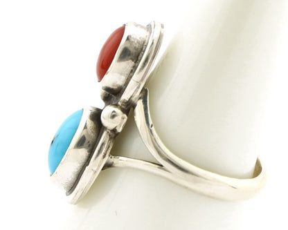 Navajo Handmade Ring 925 Silver Coral & Turquoise Native American Artist C.80's