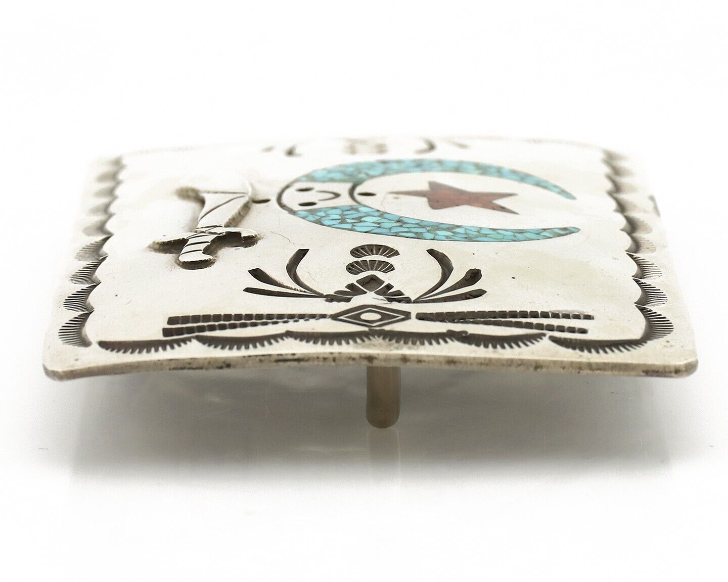 Navajo Belt Buckle .925 Silver Handmade Chip Inlay Artist Signed Bee Gay C.80's