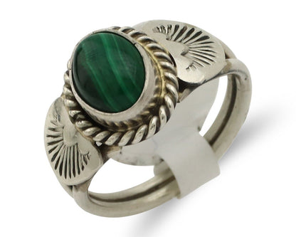 Navajo Ring .925 Silver Malachite Hand Stamped Native American Artist C.80's
