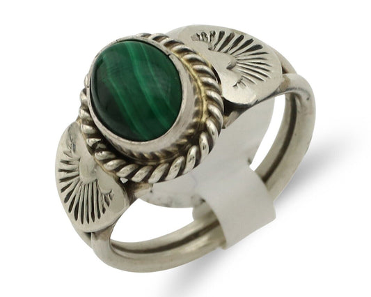 Navajo Ring .925 Silver Malachite Hand Stamped Native American Artist C.80's