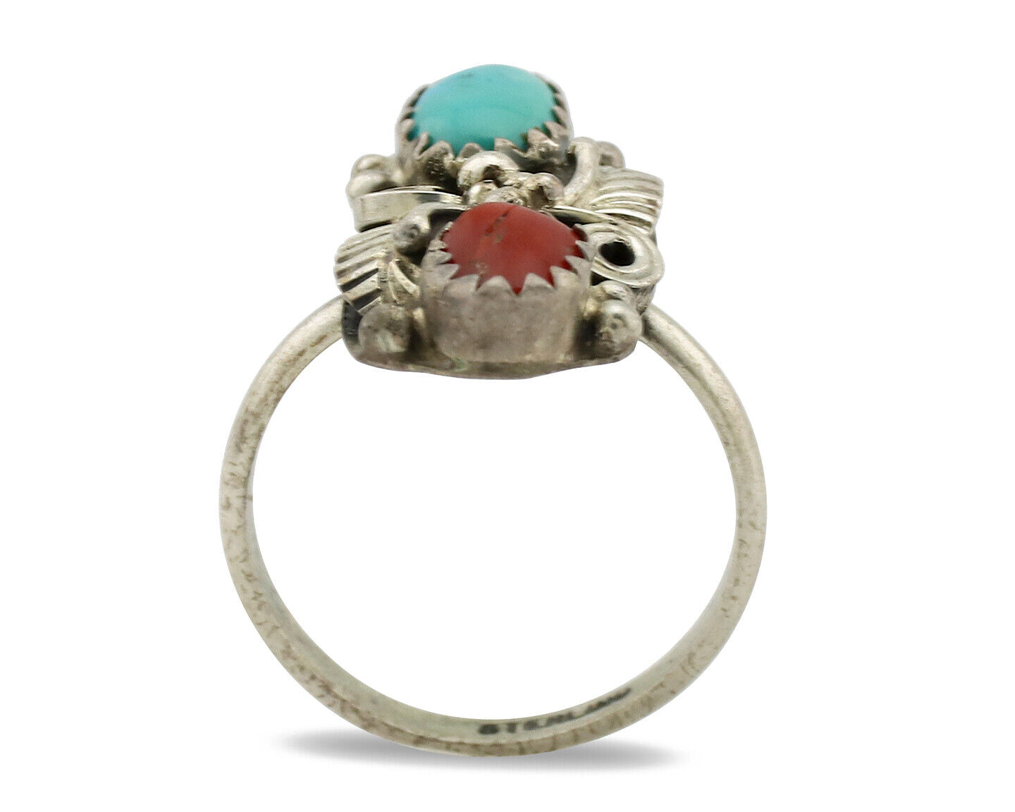 Navajo Ring 925 Silver Turquoise & Coral Artist Signed Native American C.80s