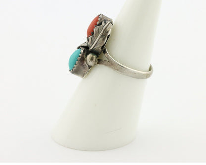 Navajo Handmade Ring 925 Silver Turquiose & Coral Native American Artist C.80's