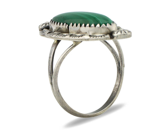 Navajo Ring 925 Silver Natural Malachite Artist Native American Signed H C.80's