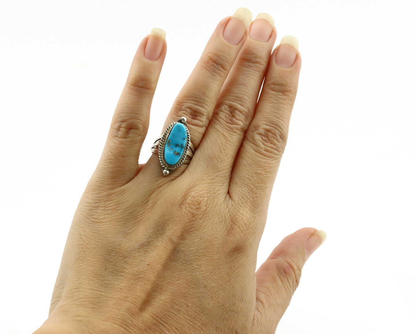 Navajo Ring .925 Silver Morenci Turquoise Artist Signed S King C.1980's