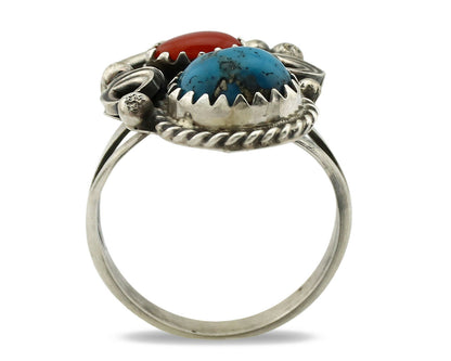 Navajo Ring .925 Silver Morenci Turquoise & Coral Native Artist Signed JM C.80's