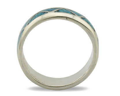 Navajo Chip Inlay Ring 925 Silver Sleeping Beauty Turquoise Artist Silver Cloud