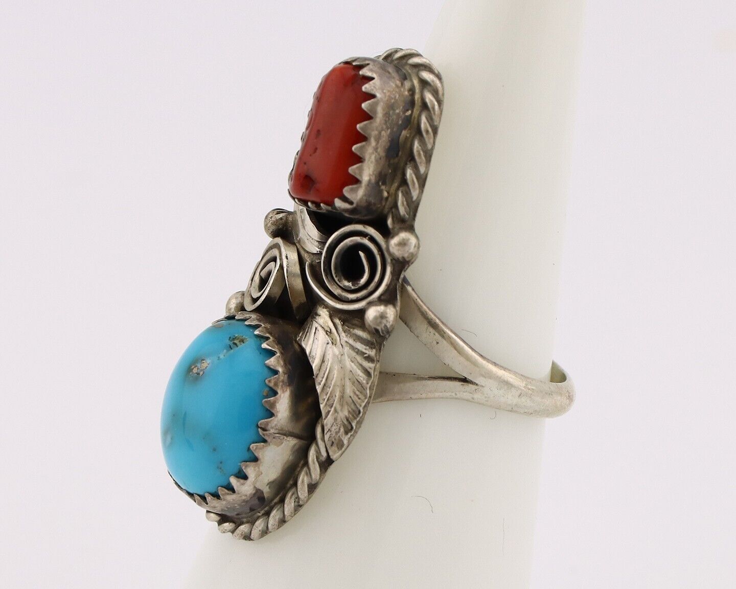 Navajo Ring 925 Silver Blue Turquiose & Coral Artist Signed Justin Morris C.80's