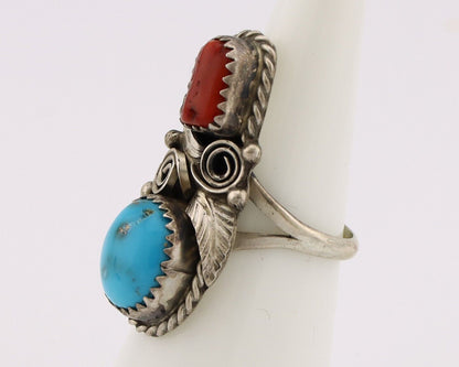 Navajo Ring 925 Silver Blue Turquiose & Coral Artist Signed Justin Morris C.80's
