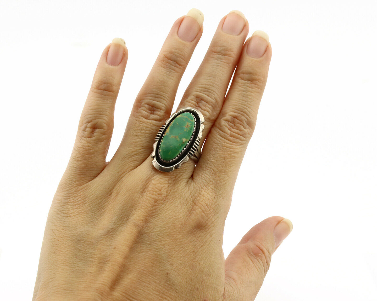 Navajo Ring .925 Silver Kingman Turquoise Artist Signed M Begay C.1980's