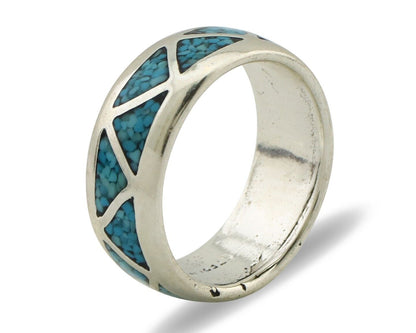 Navajo Chip Inlay Ring 925 Silver Sleeping Beauty Turquoise Artist Silver Cloud