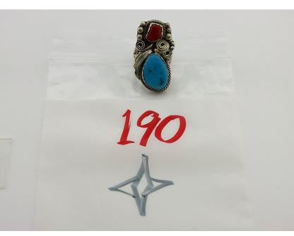 Navajo Ring 925 Silver Blue Turquiose & Coral Artist Signed Justin Morris C.80's