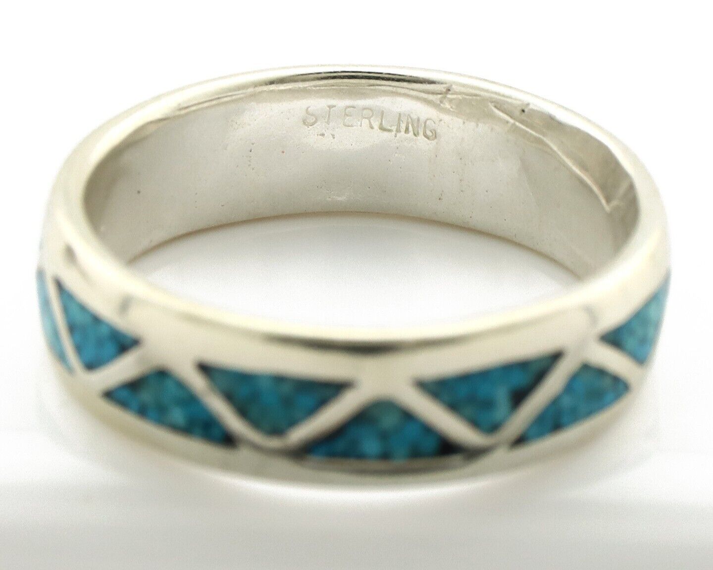 Navajo Chip Inlay Ring 925 Silver Sleeping Beauty Turquoise Artist Silver Cloud