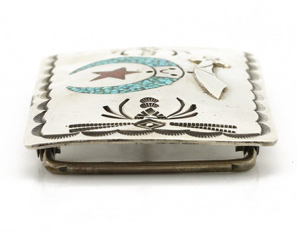 Navajo Belt Buckle .925 Silver Handmade Chip Inlay Artist Signed Bee Gay C.80's