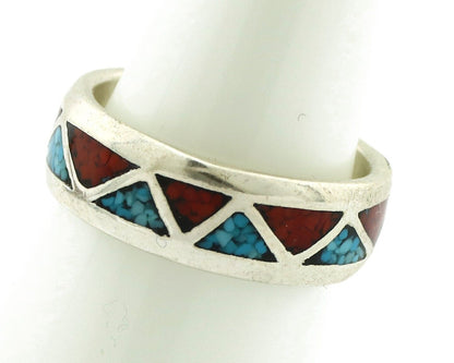 Navajo Chip Inlay Ring 925 Silver Sleeping Beauty Turquoise & Coral Silver Cloud