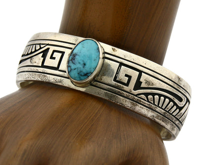 Navajo Bracelet .925 Silver Natural Blue Turquoise Signed RJ C.80's