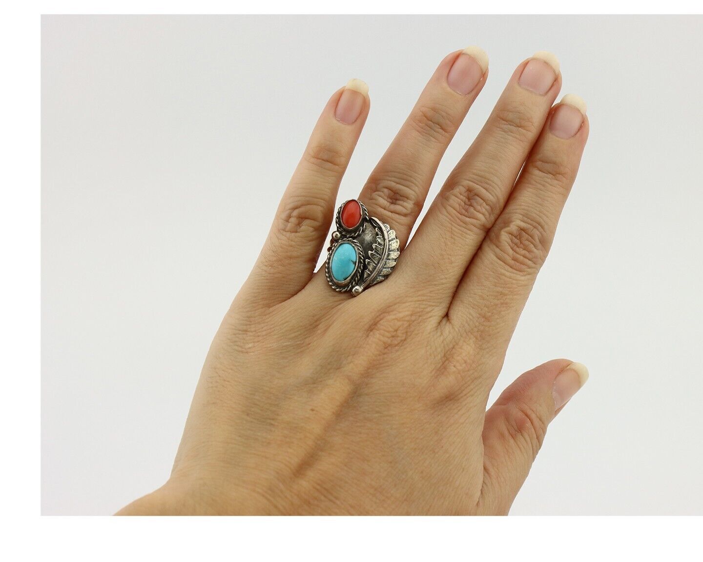 Navajo Handmade Ring 925 Silver Turquiose & Coral Native American Artist C.80's
