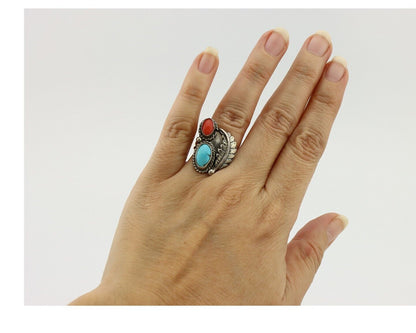 Navajo Handmade Ring 925 Silver Turquiose & Coral Native American Artist C.80's