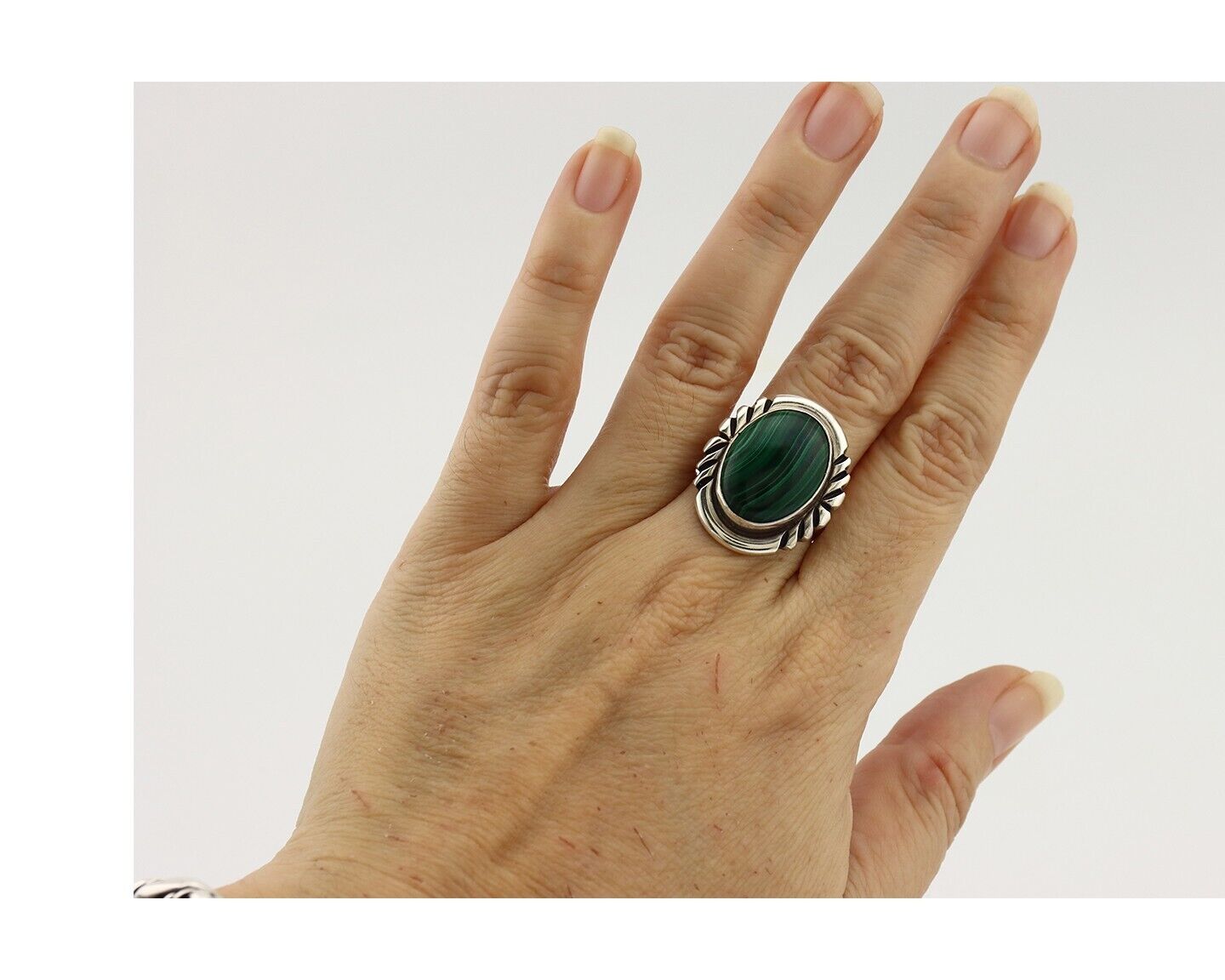Navajo Ring 925 Silver Malachite Hand Stamped Signed NAKAI C.80's