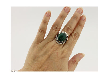 Navajo Ring 925 Silver Malachite Hand Stamped Signed NAKAI C.80's