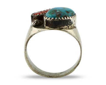 Navajo Ring 925 Silver Blue Turquiose & Mediterranean Coral Native Artist C.80's