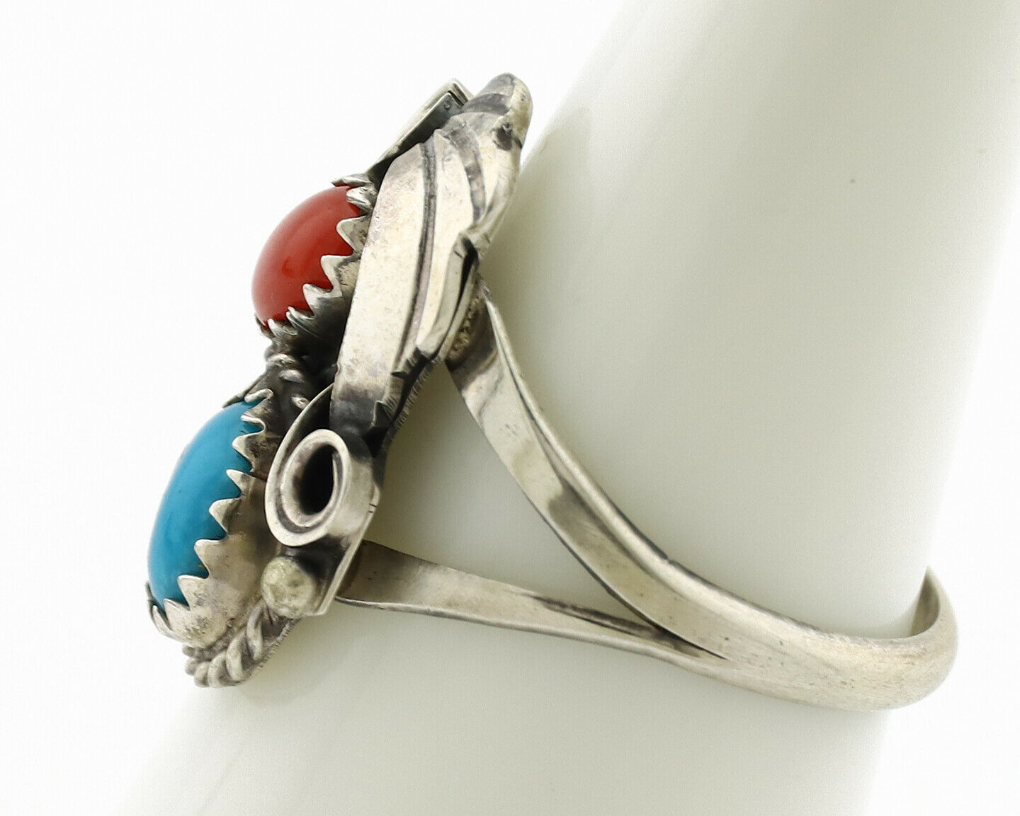 Navajo Ring .925 Silver Turquoise & Coral Artist Signed J Morris C.80's