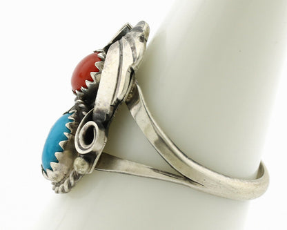 Navajo Ring .925 Silver Turquoise & Coral Artist Signed J Morris C.80's
