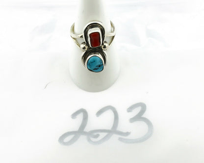 Navajo Ring .925 Silver Red Coral & Blue Turquoise Native Artist C.80's