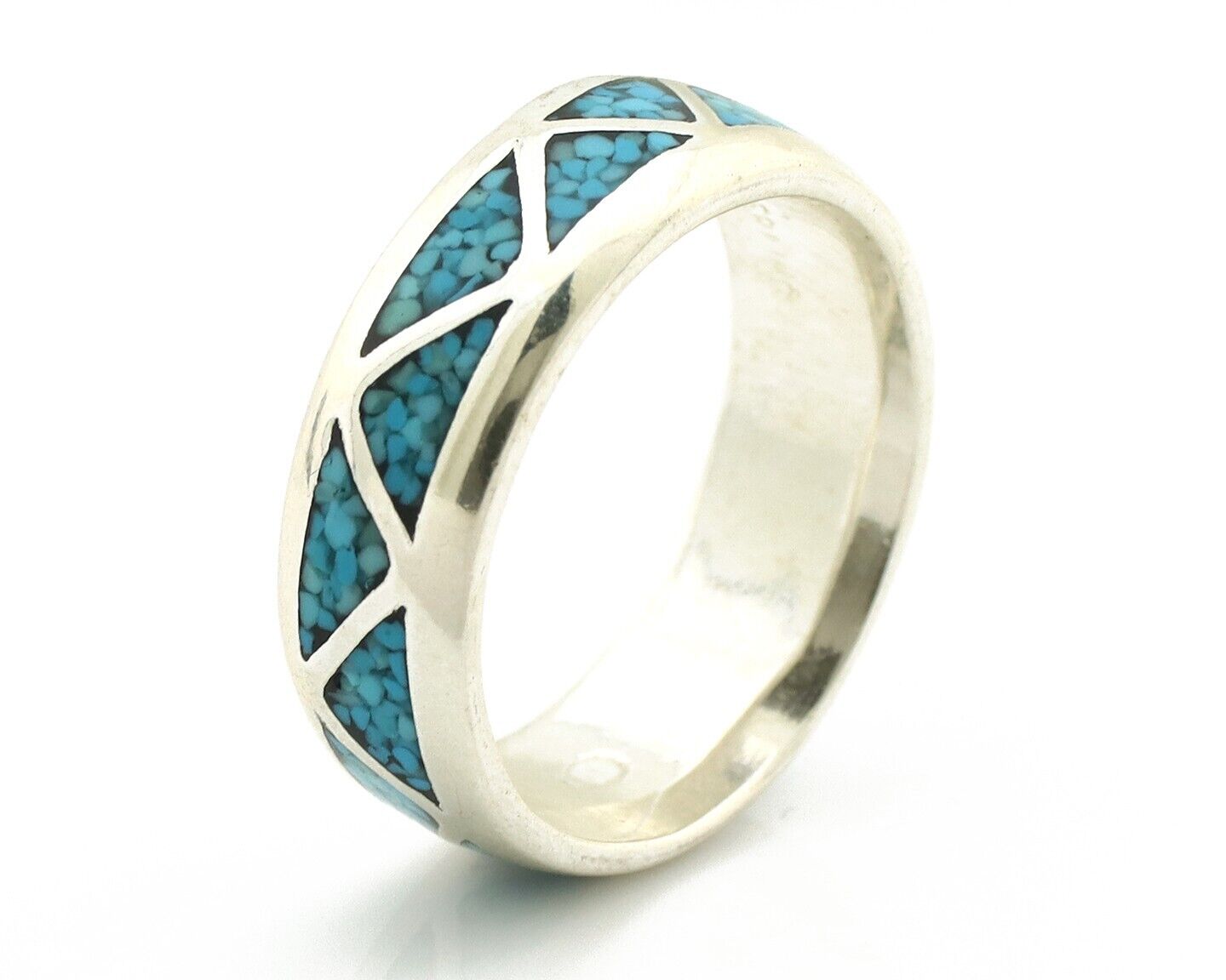 Navajo Chip Inlay Ring 925 Silver Sleeping Beauty Turquoise Artist Silver Cloud